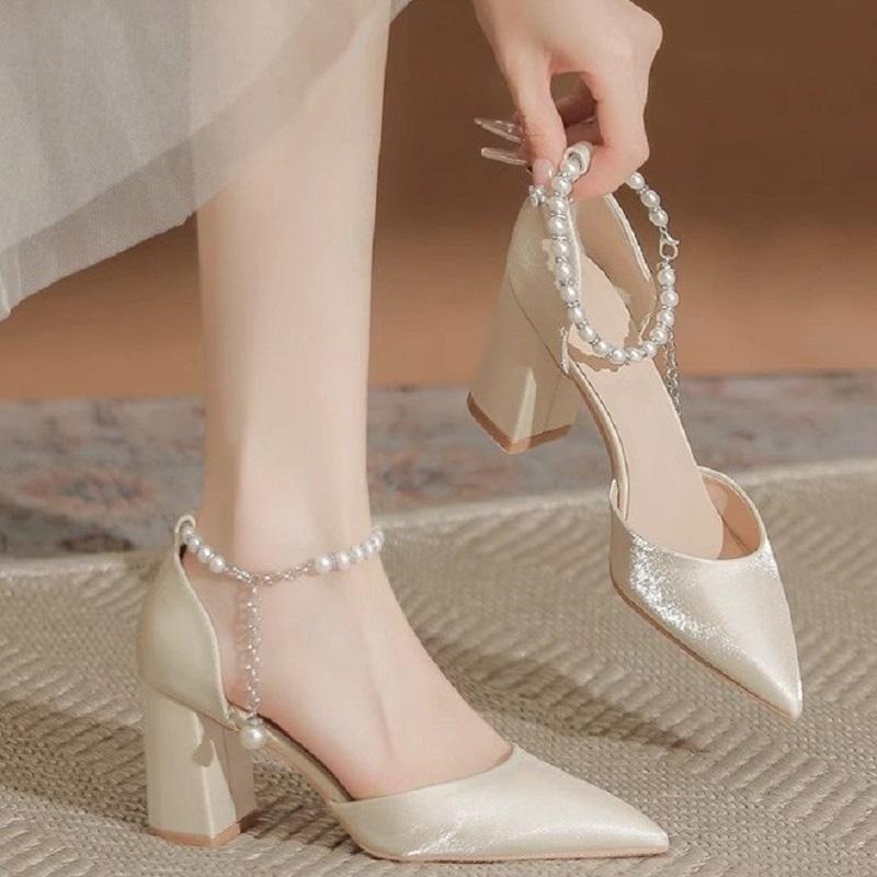2025 New Elegant Pearl-Embellished Satin Heels - 5cm Chunky Low Heel Bridal Shoes with Adjustable Ankle Strap