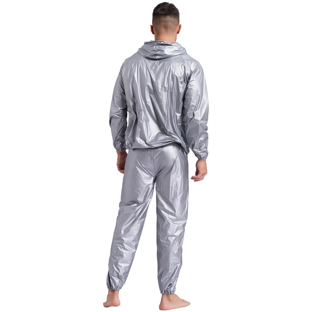 S-4XL Tuta da Sauna Sudorazione Uomo Manica Lunga Giacca con Cappuccio con Pantaloni a Vita Elastica PVC Allenamento Palestra Outfit
