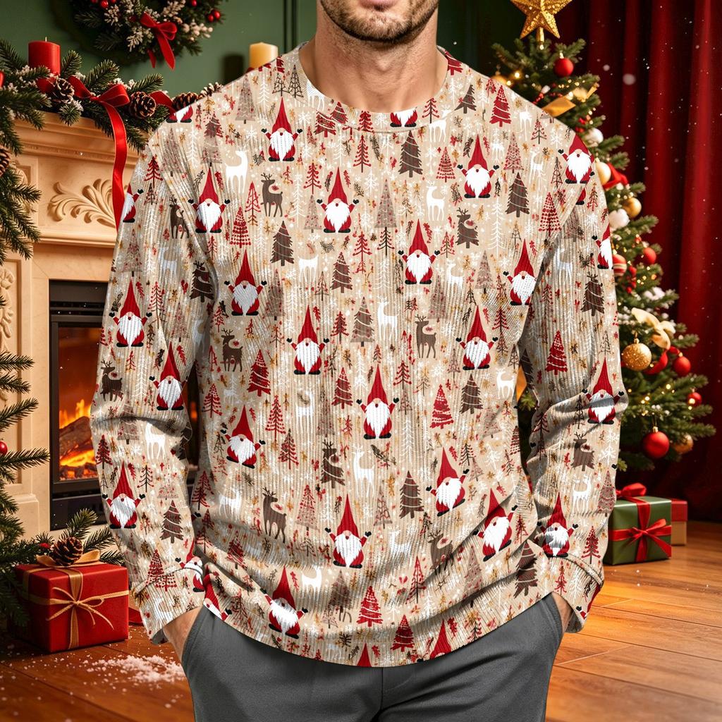 Men's Corduroy Long Sleeve Crewneck Top with Christmas Print for Holiday Casual Wear