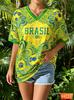 Neues brasilianisches T-Shirt Sommer Damen V-Ausschnitt T-Shirt Brasilianisches Fußball-T-Shirt Gelber Farbverlauf Damen-Trikot Schnell trocknende Oberteile