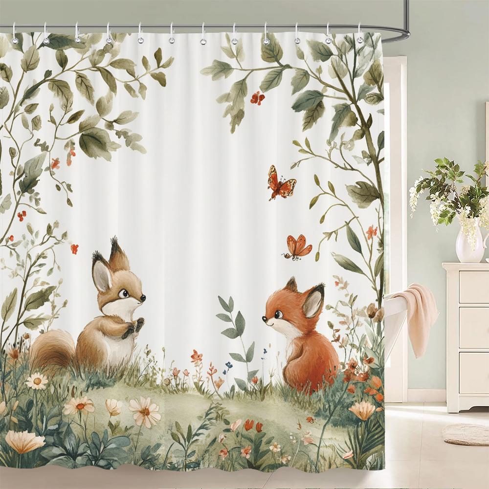 Cute Rabbit Cheerful Shower Curtain, Green Fresh Floral Spring Bathroom Decorative Shower Curtain, Waterproof Shower Curtain