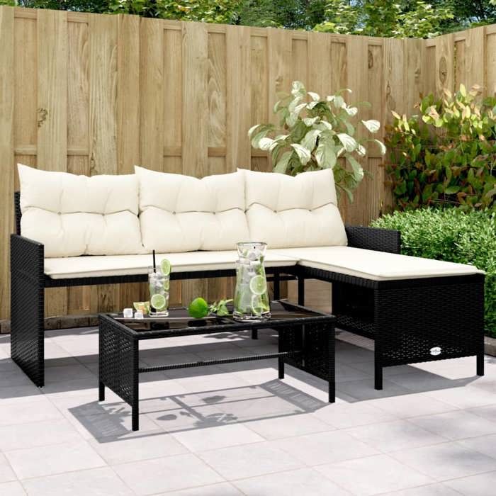 VidaXL Garden Sofa with Table and L-Shaped Cushions, Patio Seating, Outdoor Balco Terrace Furniture, Black 365571