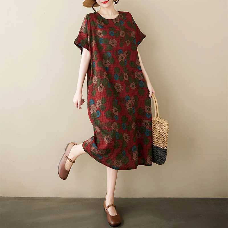 Summer Thin Cotton and Linen Retro Flower Art Knee Length Dress with Feminine Temperament