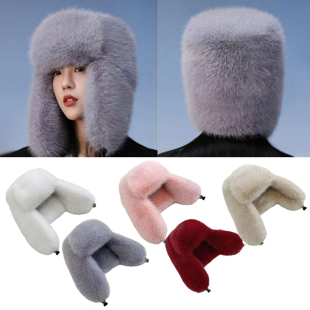 Thicken Faux Fur Bomber Hat Winter Warm Ear Protection Imitation Fur Hat Female Winter Earflap Ski Cap