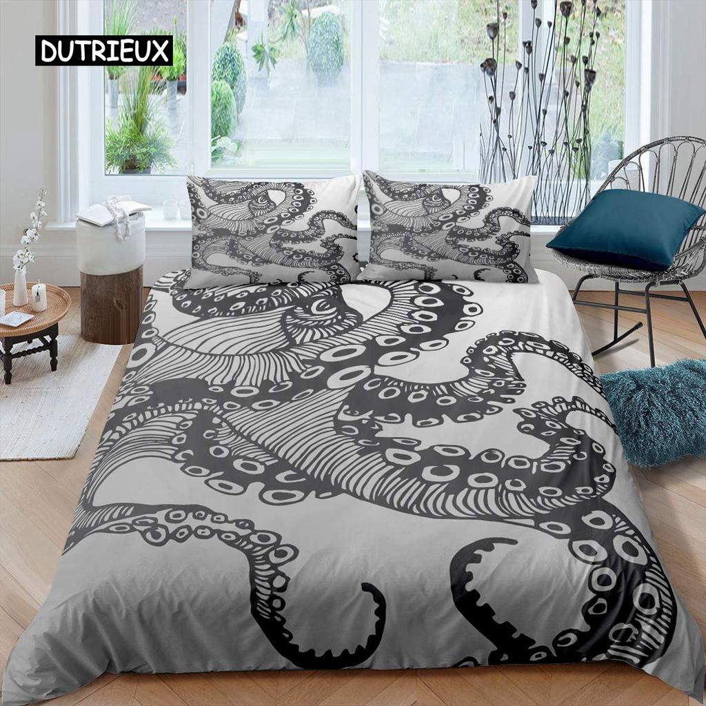 Octopus Duvet Cover Set Microfiber Green Octopus Tentacles Twin Bedding Set Sea Marine Theme Underwater Animal Comforter Cover