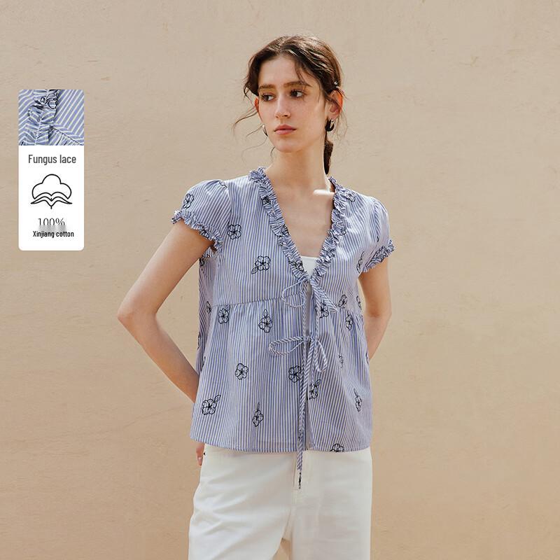 INMAN French Striped Tie-up Blouse L