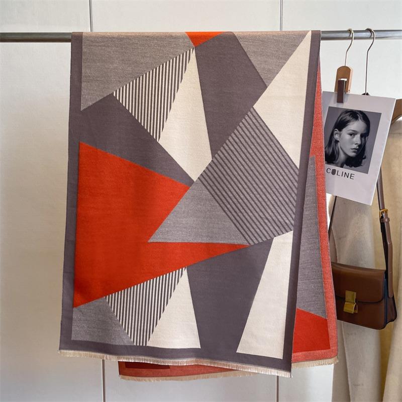 New Geometric Color Matching Imitation Cashmere Women's Fringed Shawl Autumn and Winter Thickened Double-sided Jacquard Wool Scarf