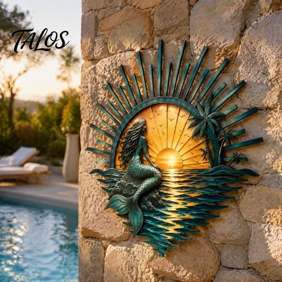 Outdoor Ocean Decor Metal Wall Decor, Turtle/Lighthouse/Mermaid Pattern Weather Resistant Marine Style Room Art Sculptures for Patio Garden And Living