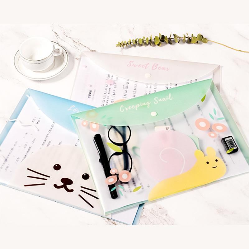 4pcs File Bags For Document Cute Cartoon File Holder Snap Button PVC Folder Pen Box Office Information Bag Student Stationery