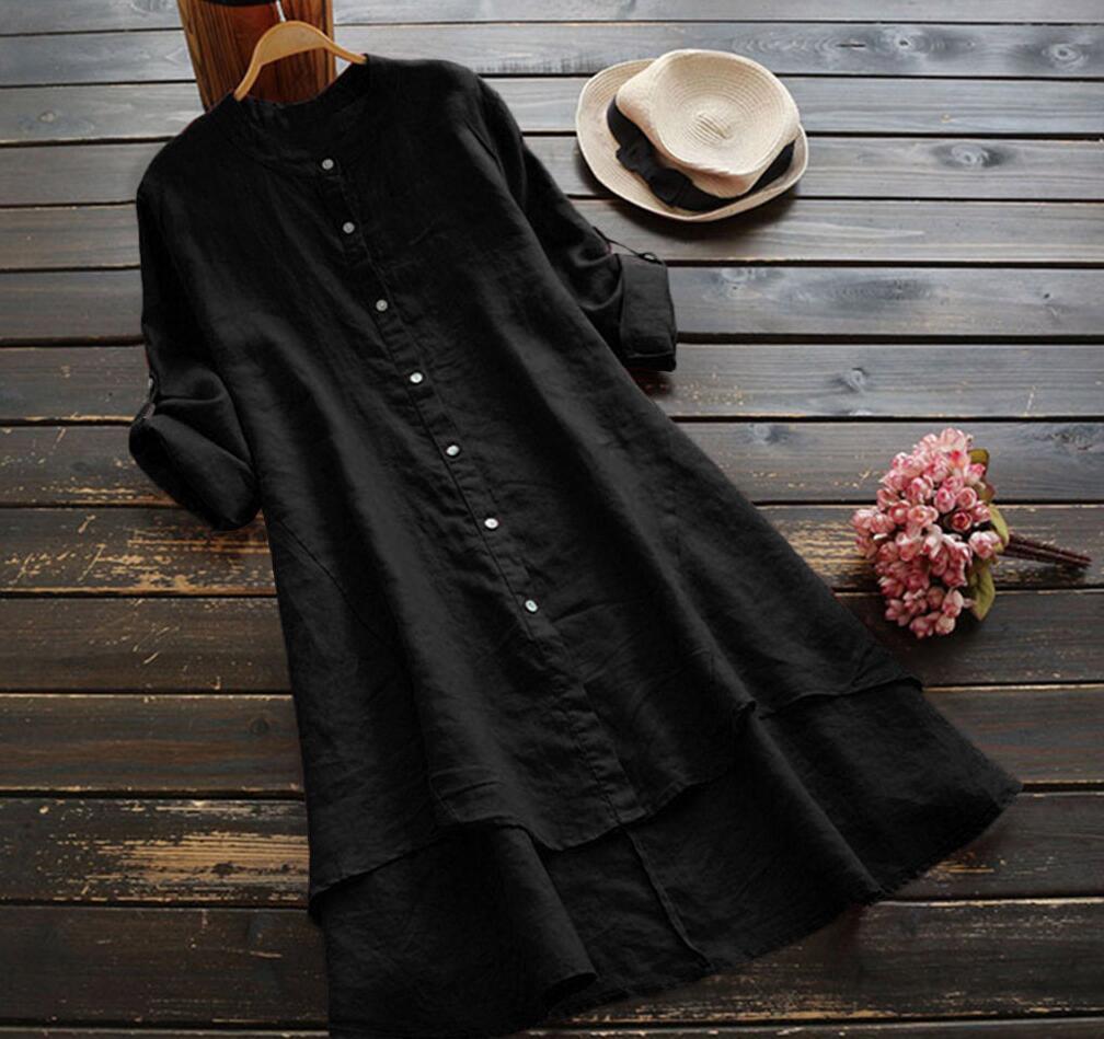 Women's Spring Solid Cotton Linen Shirt Dress Ladies Loose Dress Long Blouse Plus Size Clothes Clothing