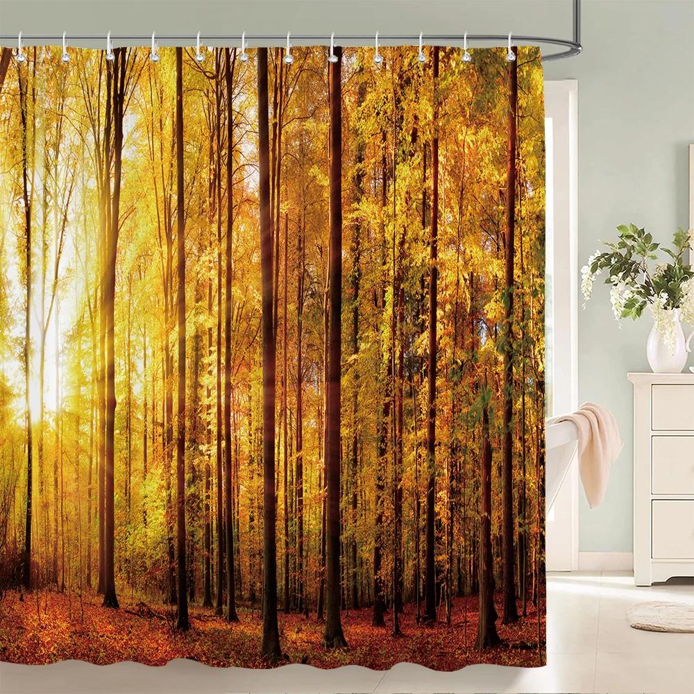 Forest Scenery Printed Fabric Shower Curtains Autumn leaves Tree leaf Bath Screen Waterproof Products Bathroom Decor with Hooks