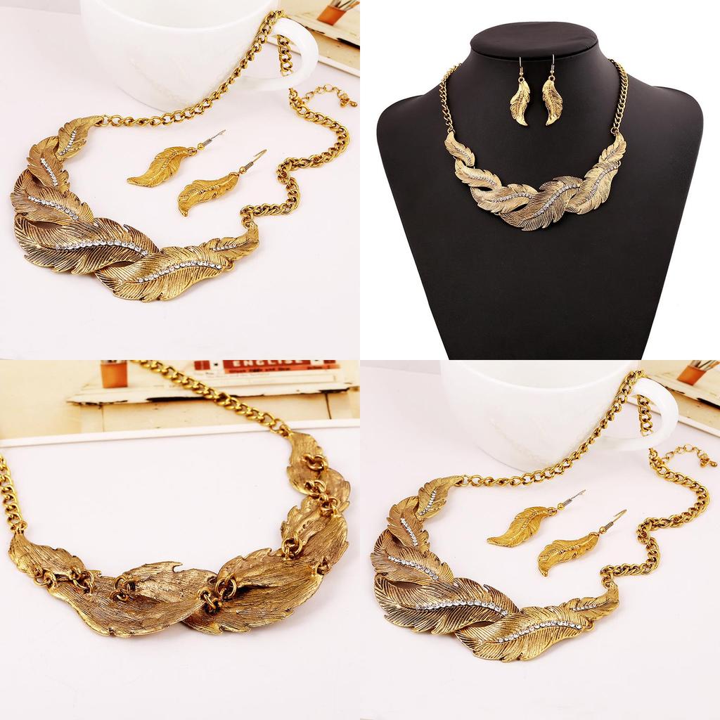 Rhinestone Fashion Decoration Feather Design Women Gold Necklace And Earring Set