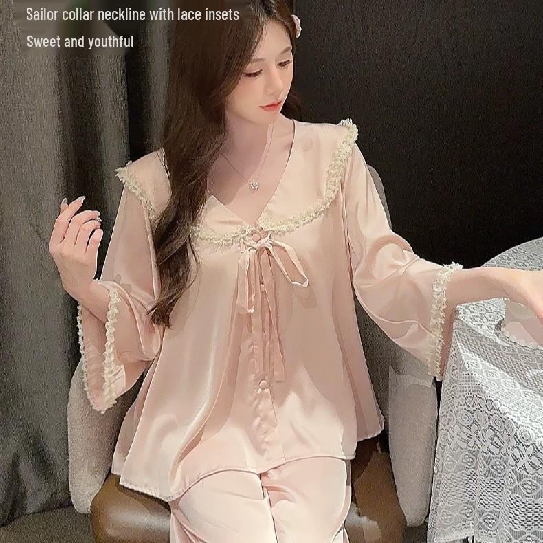 Women's Chiffon Pajama Set - Sweet Spring & Autumn Style, Doll Collar, Long Sleeves & Pants, Elegant & Lightweight Homewear