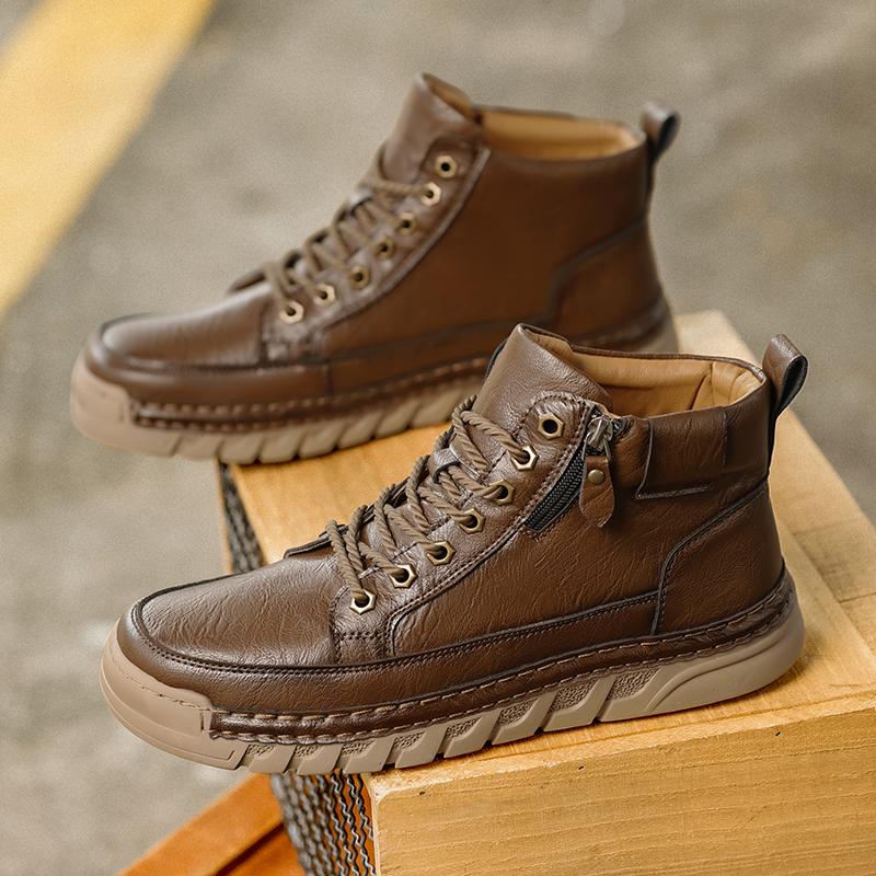 Leather Boots Men High Casual Shoes for Men Trend Zipper Walk Flats Winter Shoes Vulcanized Ankle Boots New