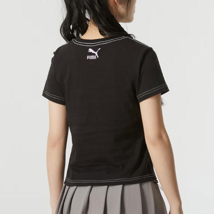 PUMA Letter Print Outdoor Fashion Comfortable Casual Running Fitness Training Sports Crew Neck Short Sleeve T-Shirt Women tops Black 626865-01