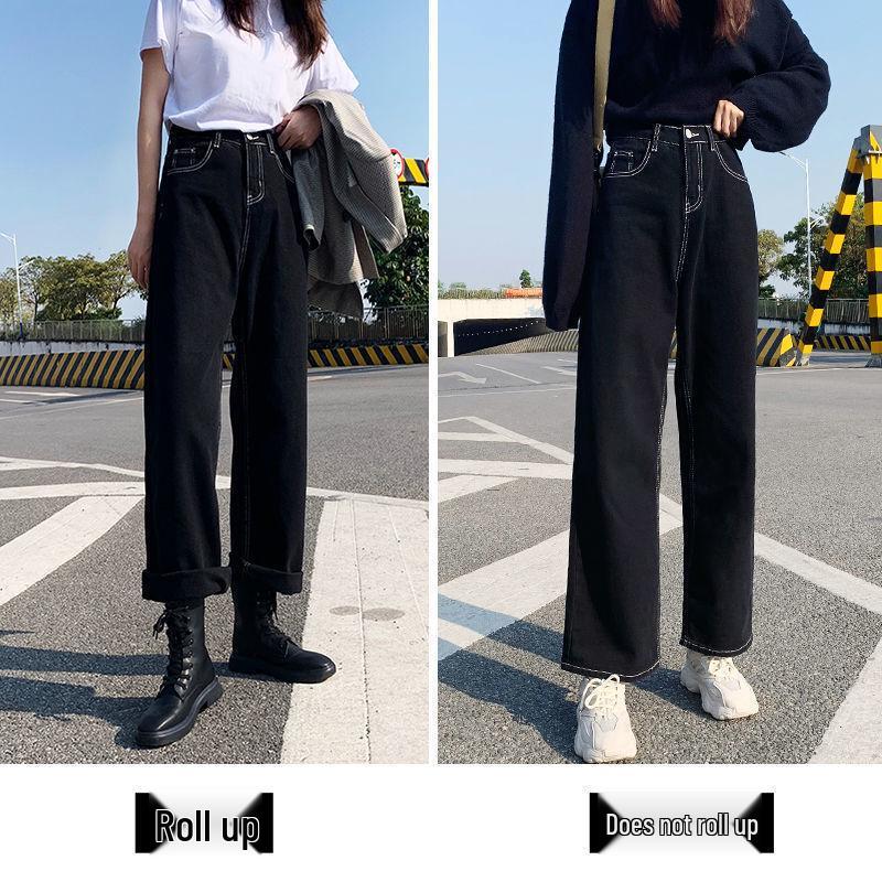 Women's High-Waisted Black Wide-Leg Cropped Jeans - Petite Korean Style, Hip Covering and Slimming.