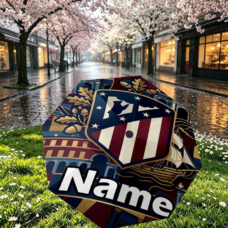 Custom Name Personalized Atletico Madrid Print Umbrella, Auto Open Close, 8‑Rib Sturdy Frame, Commute Camping Hiking Use, Birthday Gift