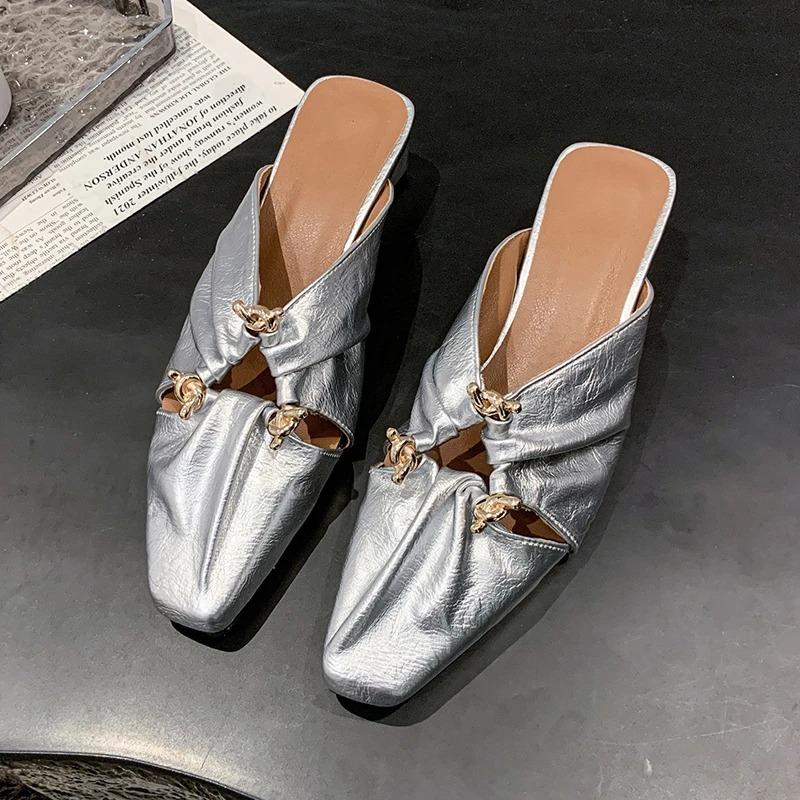 Fashion Women Slippers Square Toe Heeled Sandals Mules Shoes Woman 2025 Trend Designer Dress Pumps Summer Soft Leather Slides Plus Size