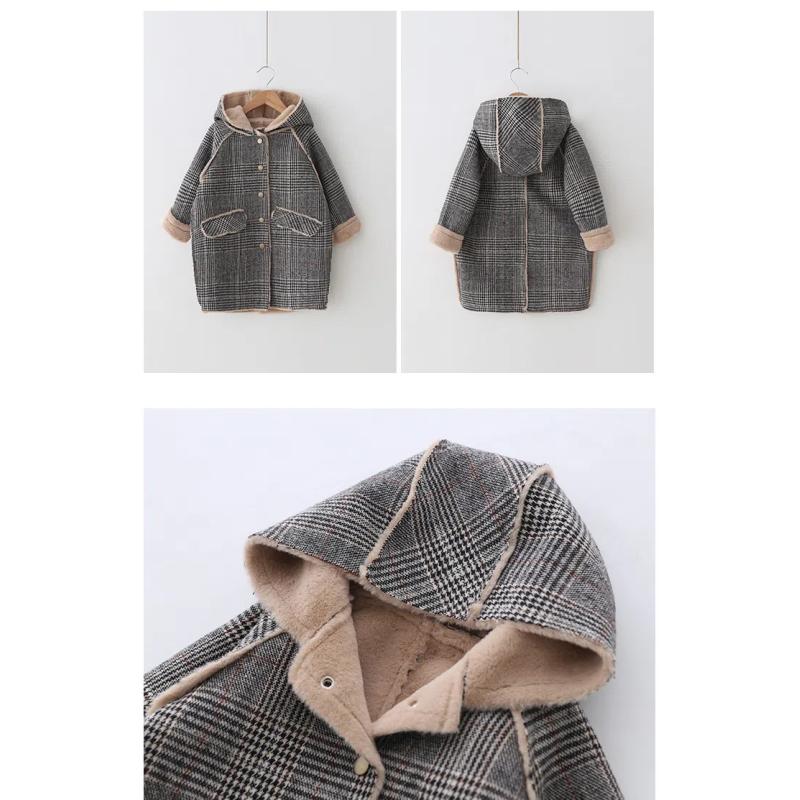 Cappotto Tweed da Ragazza Autunno e Inverno da Donna Giacca a Quadri con Cappuccio da Bambina Imbottita e Ispessita Cappotto per Bambini