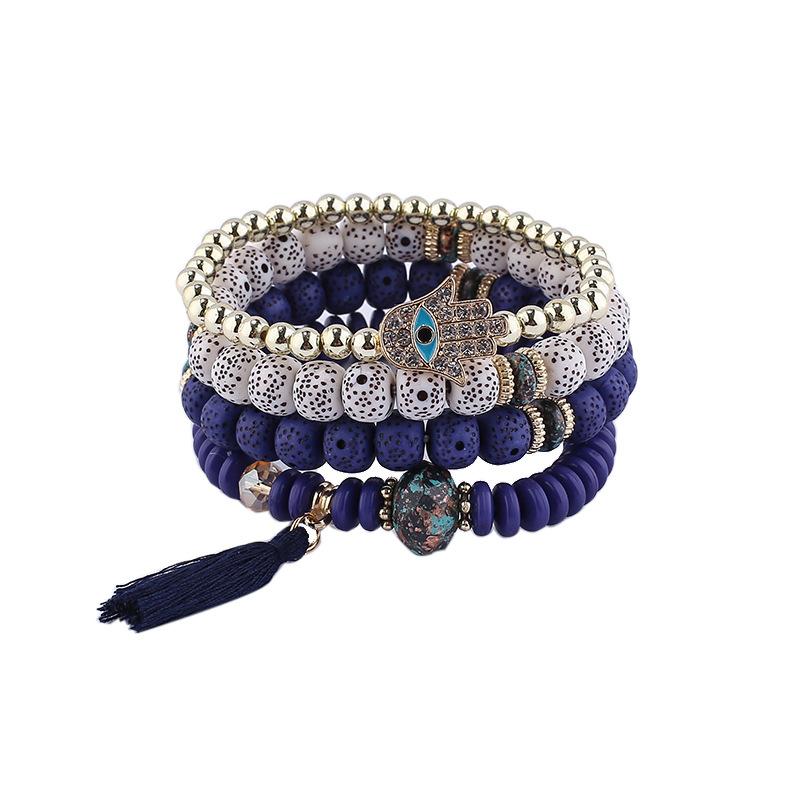 New Evil Eye Tassel Bracelet Set For Women Crystal Fatima Hand Charm Stone Beads Chain Bangle Female Bohemian Jewelry Gift