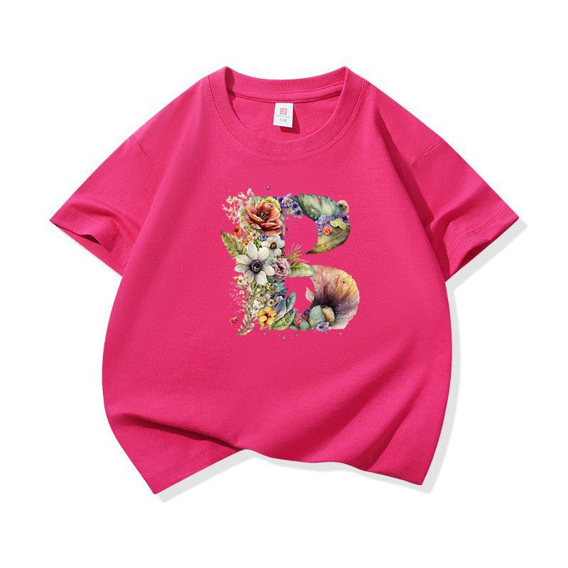 Kids Cotton T Shirt Floral Letter B Print Crew Neck Short Sleeve Tee Casual Boys Girls Summer Tops