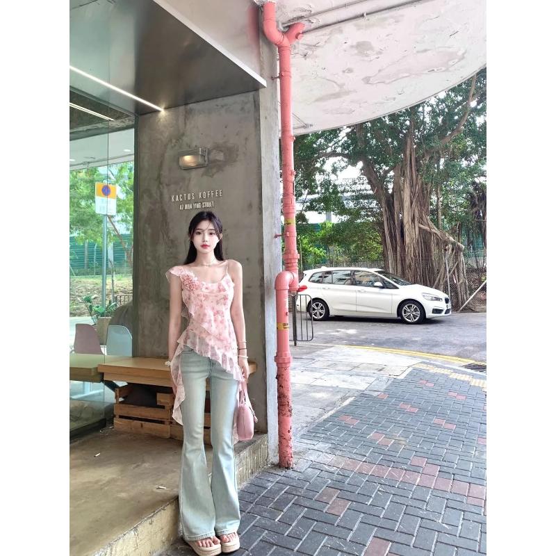 Dámské rozšiřující se džíny Světlý odstín Krajkový detail kapsy Vysoký pas Džínové kalhoty