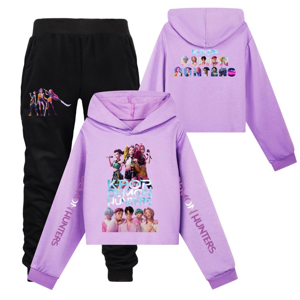 Girls Clothing Sets Kpop Witch Hunt Girls' Half Waist Short Hoodie Single and Double Sleeve Printed Casual Set