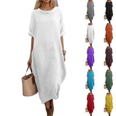 Women's Fashion Casual Round Neck Cotton And Linen Dress Solid Color Hawaiian Beach Cocktail Party Maxi Dress