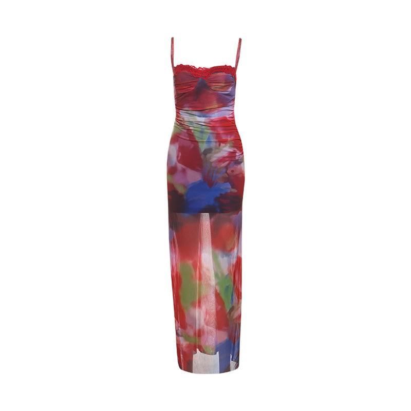 2026 European and American women's clothing summer new casual painted printing sexy suspender slim hip dress women