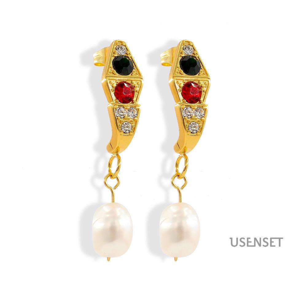 Retro Geometric Snake-Shaped Zircon Baroque Pearl Dangle Earrings in Stainless Steel