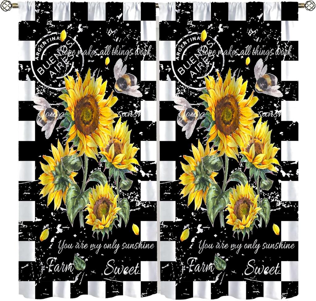 Sunflower Curtains for Kitchen,Black Pithy Rustic Sunshine Beautiful Wonderful Sunflower Plant Flower Butterfly Window Drapes