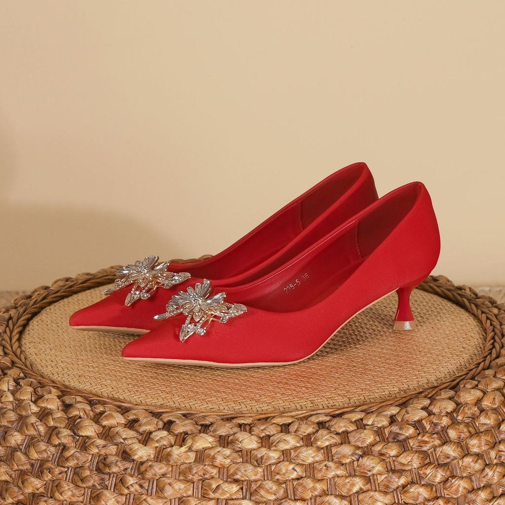 Temperament fashion single shoes classic retro wedding shoes women's butterfly buckle crystal texture women's shoes high heels women's high sense