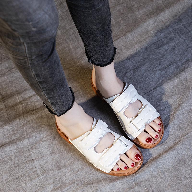 Summer New Cowhide Outer Wear Flat-bottomed Cool Slippers Women's Hollow Velcro Fashionable and Comfortable Rubber Soft-soled Beach Shoes