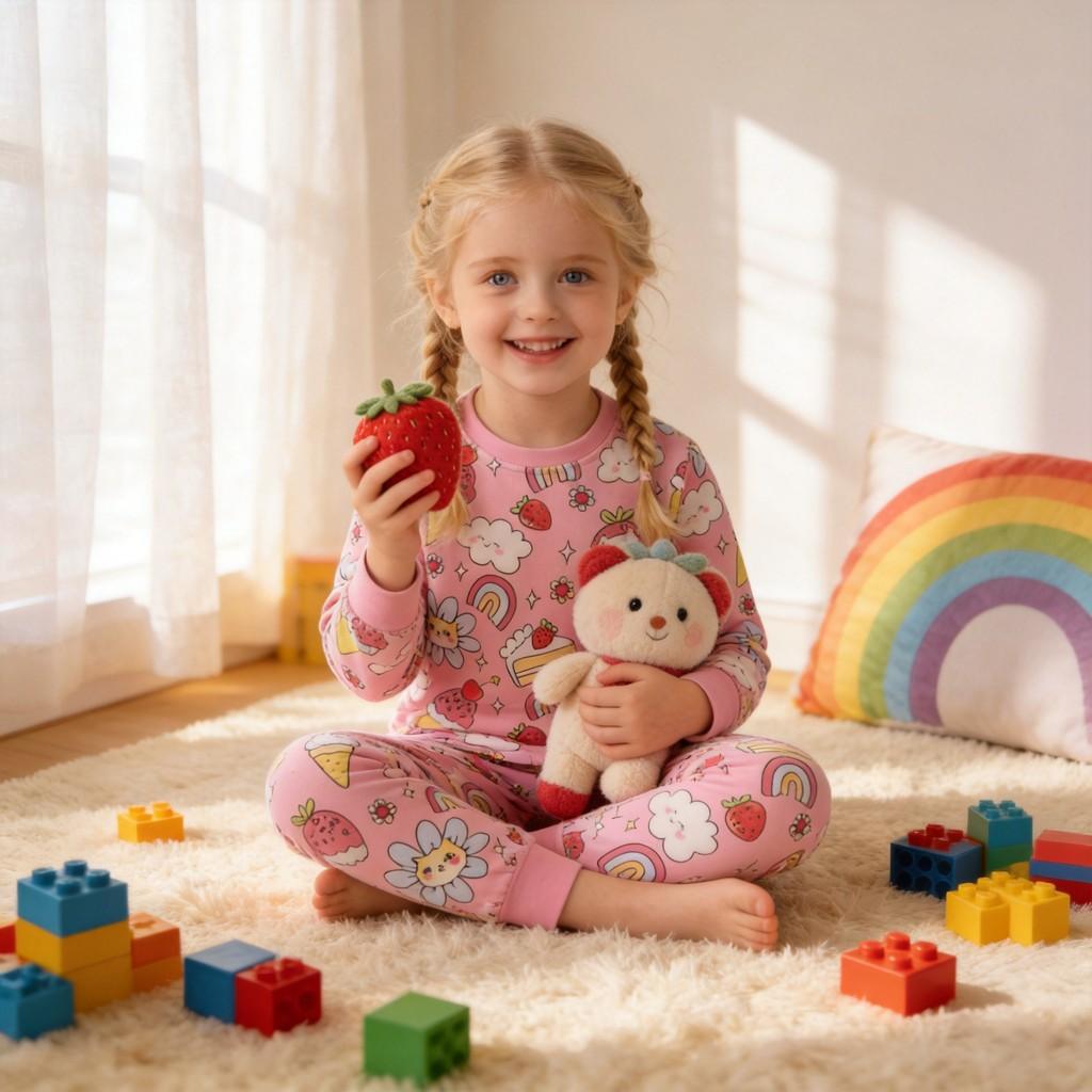Girl Fall Print Cotton Pajama Set With Long Sleeve Top And Pants For Kids