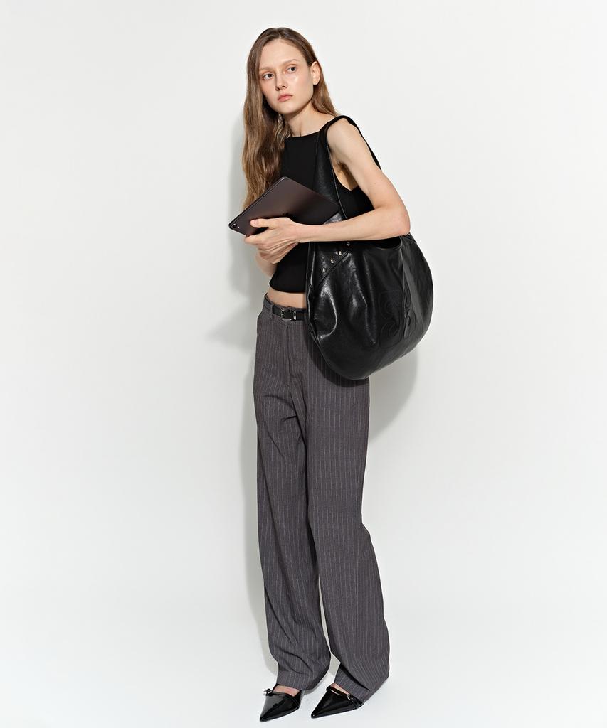 Beulaiteun Striped Semi-Wide Slacks Charcoal