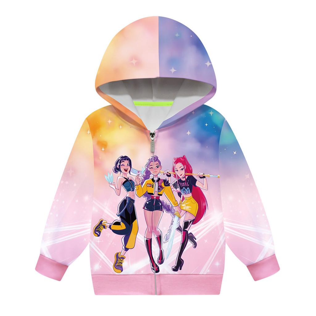 Kids Girls POP Singer Rumi Zoey Mira Printed Casual Hooded Zipper Long Sleeves Jacket Coat