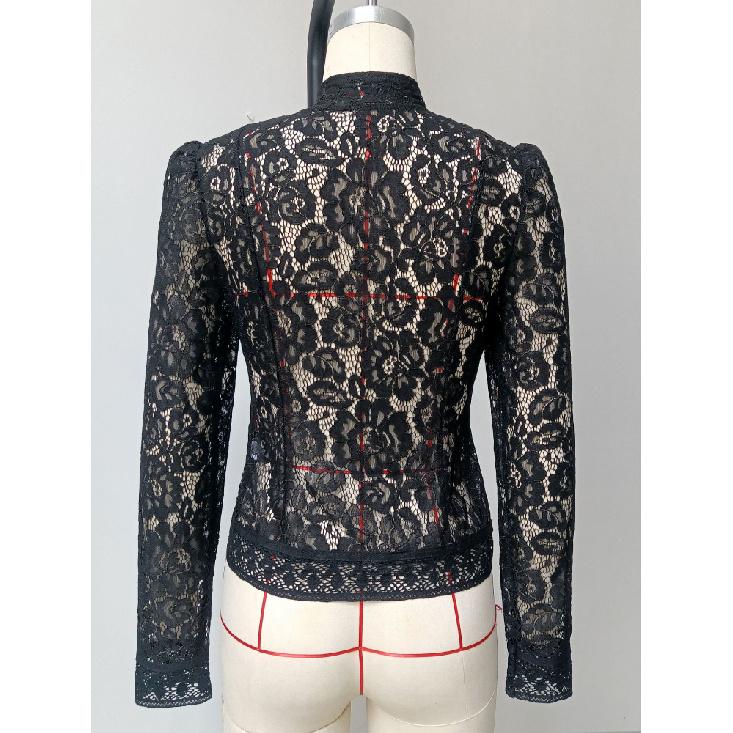 Nová krajková háčkovaná květinová dámská košile Módní dojíždění Dlouhý rukáv Kardigan Top Retro Slim Stojáček Dámské halenky