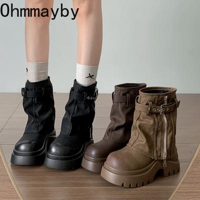 Vintage Plateau Höhenerhöhung Damen Röhren-Knöchel-Kurzstiefel Herbst Winter Damen Dicke Ferse Ritterstiefel Stiefeletten für Frauen