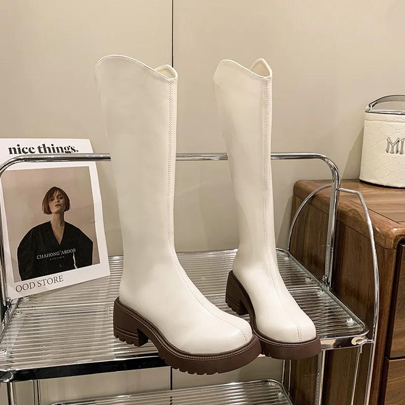 Fashion Fashion Platform Leather Knight Boots for Women Autumn Winter Soft-soled Women's Shoes Designer Increase Knee-high Boots Female