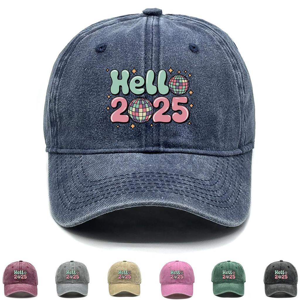 HELLO 2025" Disco Ball Print Snapback Sun Hat, Sports Hat Unisex Trendy Raw Brim Sunshade Adjustable Baseball Hat