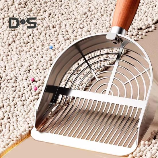 Katzenstreuschaufel aus Metall mit Halter, Haustierkotschaufel mit ergonomischem Holzgriff, schnelle Siebschaufel, Katzenbedarf