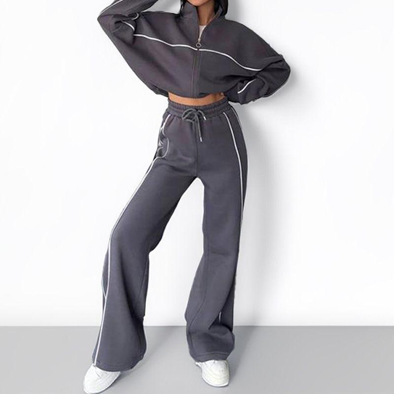 Leisure Two-Piece Set European and American Women Autumn Casual Loose Cardigan Lace-up Hoodie Trousers Set