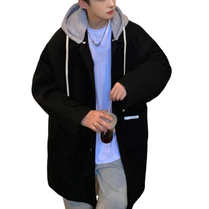 Yousheng Men Woolen Coat Hooded Drawstring Long Sleeve Single Breasted Jacket Coat with Large Pockets Long Windbreaker