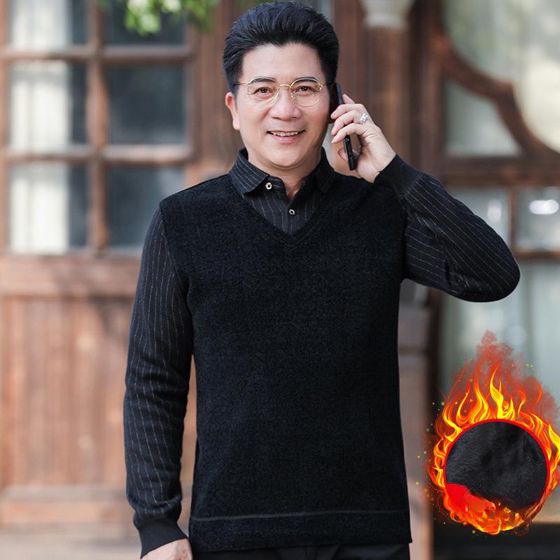 

Утолщенный папин свитер с флисовой подкладкой, имитация двух частей с лацканами, теплый мужской свитер 3XL