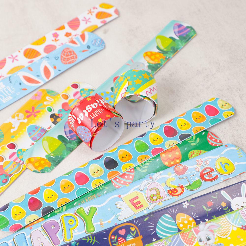 12Pcs Happy Easter Theme Slap Bracelets Eggs Bunny Rabbit Wristband Toy for Kids Birthday Party Favors Easter Gifts Goodie Bag