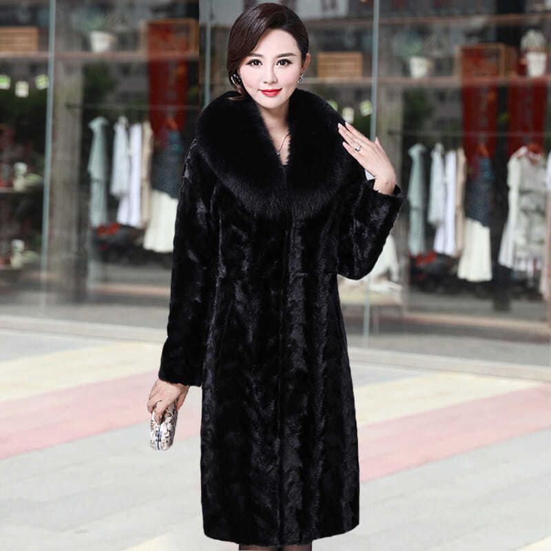 Winter Imitation Mink Coat Women's Imitation Fur Medium and Long Imitation Fox Fur Collar Jacket Large Size Medium and Old Mother Outfit