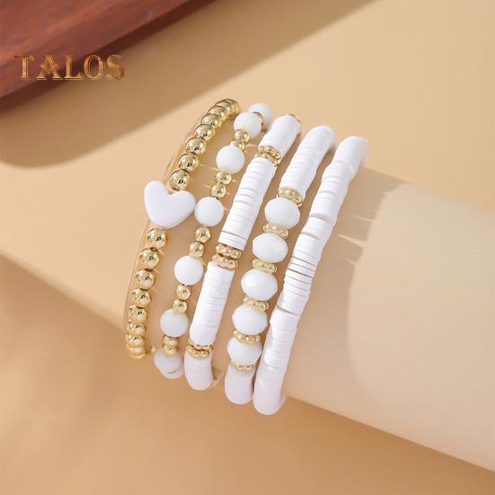 5 Pcs Bohemian Bracelets Polymer Clay Multi-layer Stacking Heart Beads Contrast Color Jewelry for Beach Work Party Vacation