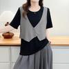 2026 Summer Faux 2-Piece Plus Size Short Sleeve Color Block Slimming Top for Women
