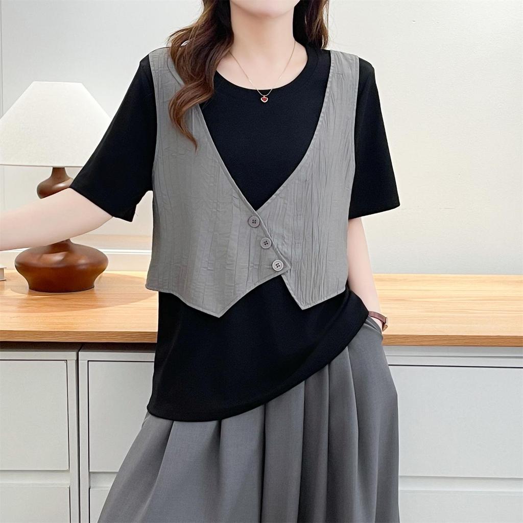 2026 Summer Faux 2-Piece Plus Size Short Sleeve Color Block Slimming Top for Women