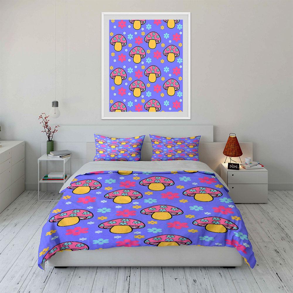 Mushroom and Floral Print Set Bedding Duvet Cover Set Duvet Cover Pillowcases  (1 * Duvet Cover 2 * Pillowcases, Without Duvet Insert)